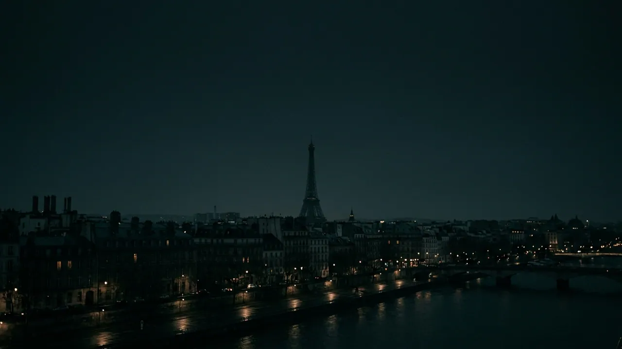 Paris at night: the Eiffel tower over zinc rooftops, quay lights along the dark river.