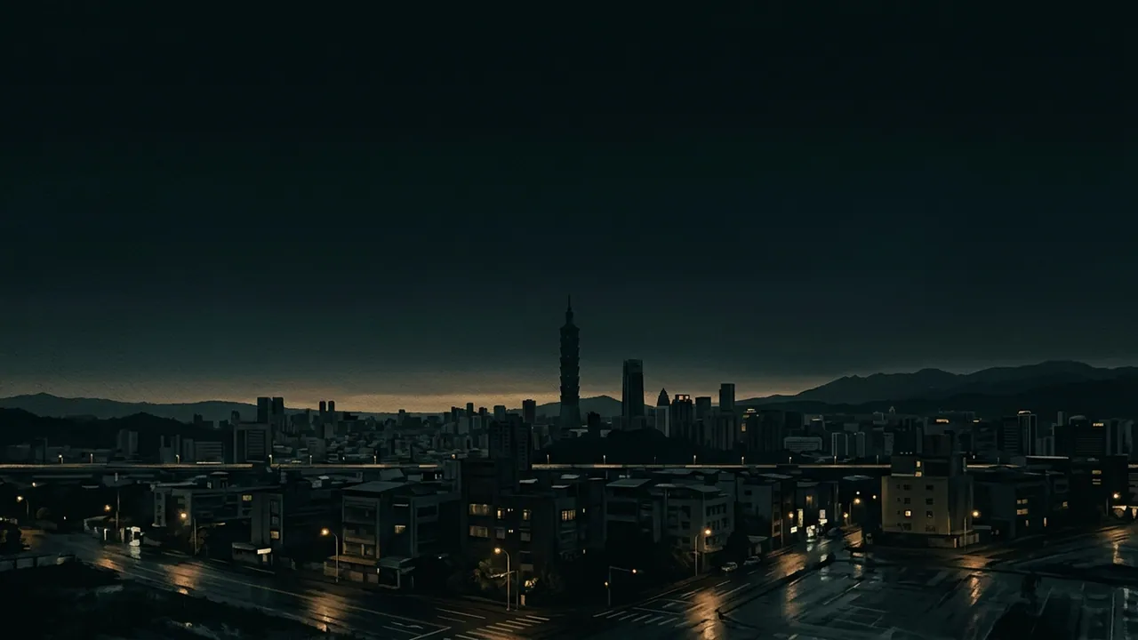 Taipei at night: a tall tower over dense city blocks, mountain ridges on the horizon.